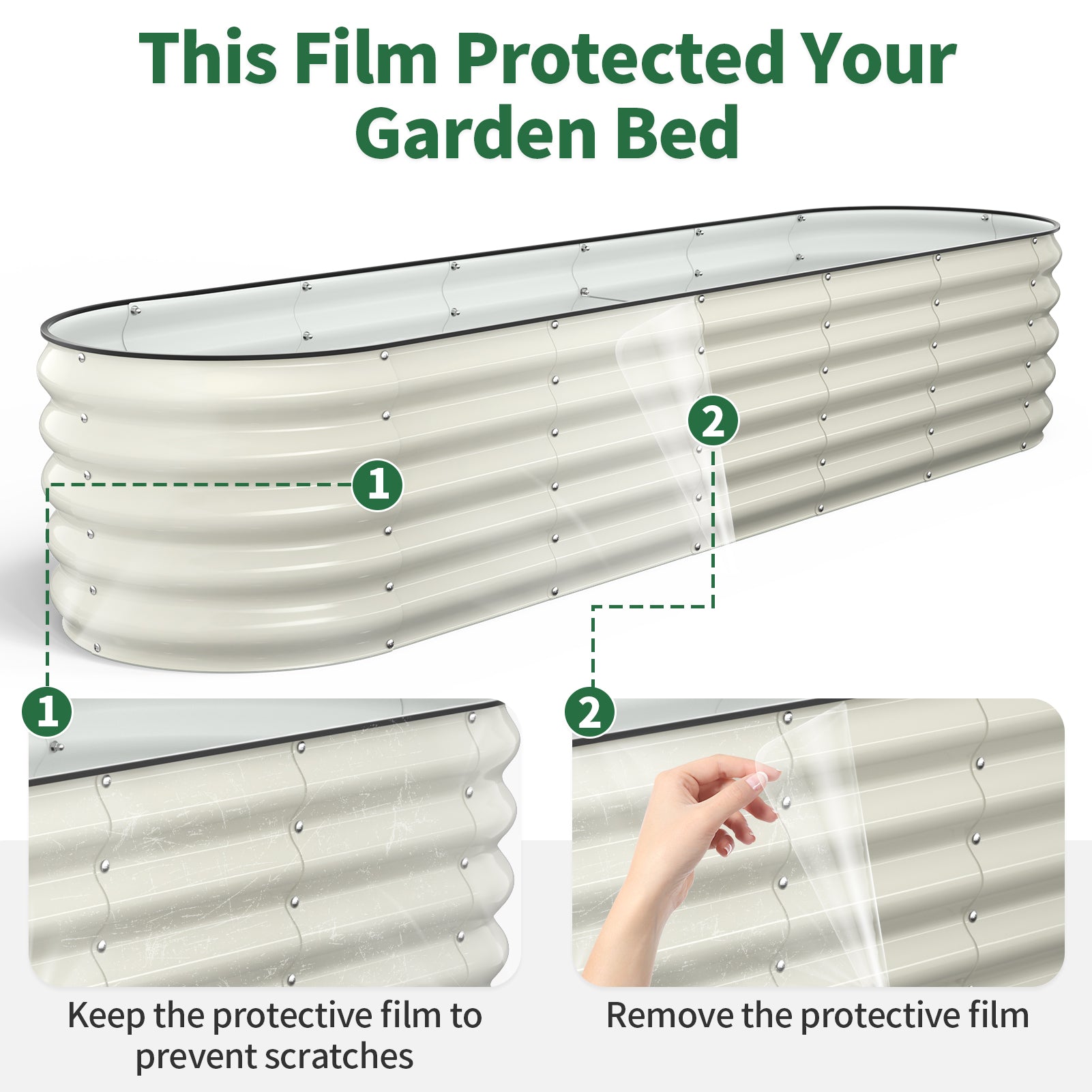 Pearl white metal raised garden bed panels with removable protective film