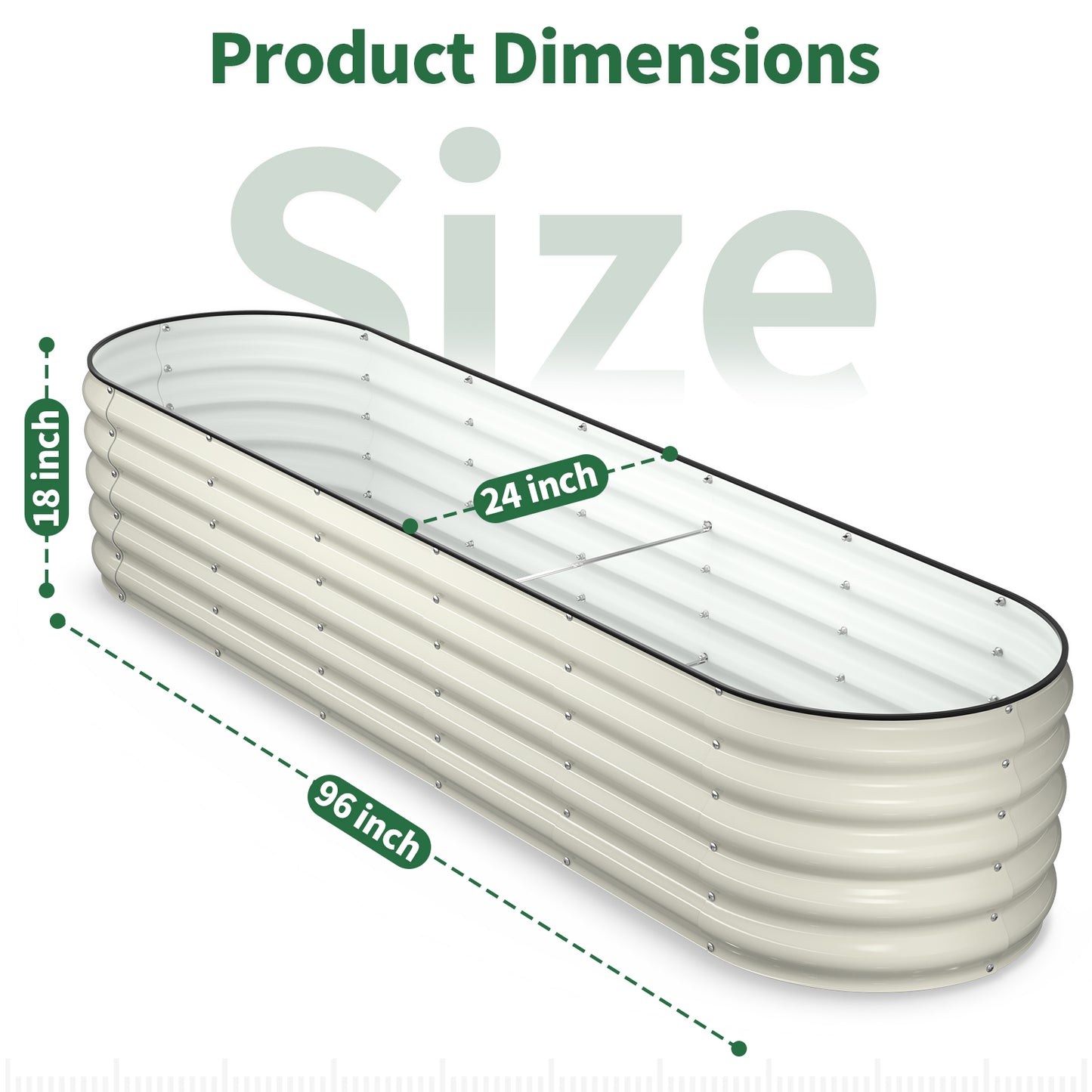 Pearl white oval metal raised garden bed with labeled dimensions 96 by 24 inches