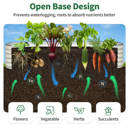 Open-base pearl white raised garden bed showing soil drainage and plant root growth