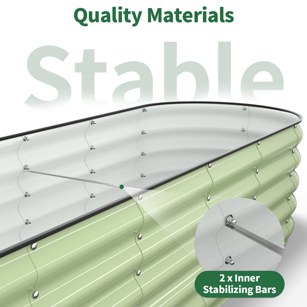 Interior view of fruit green metal raised garden bed with stabilizing bars
