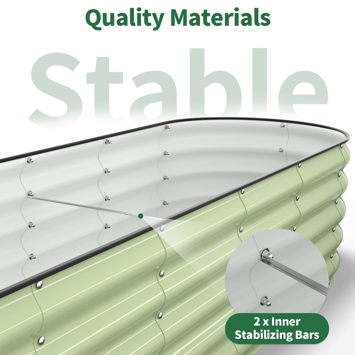 Interior view of fruit green metal raised garden bed with stabilizing bars
