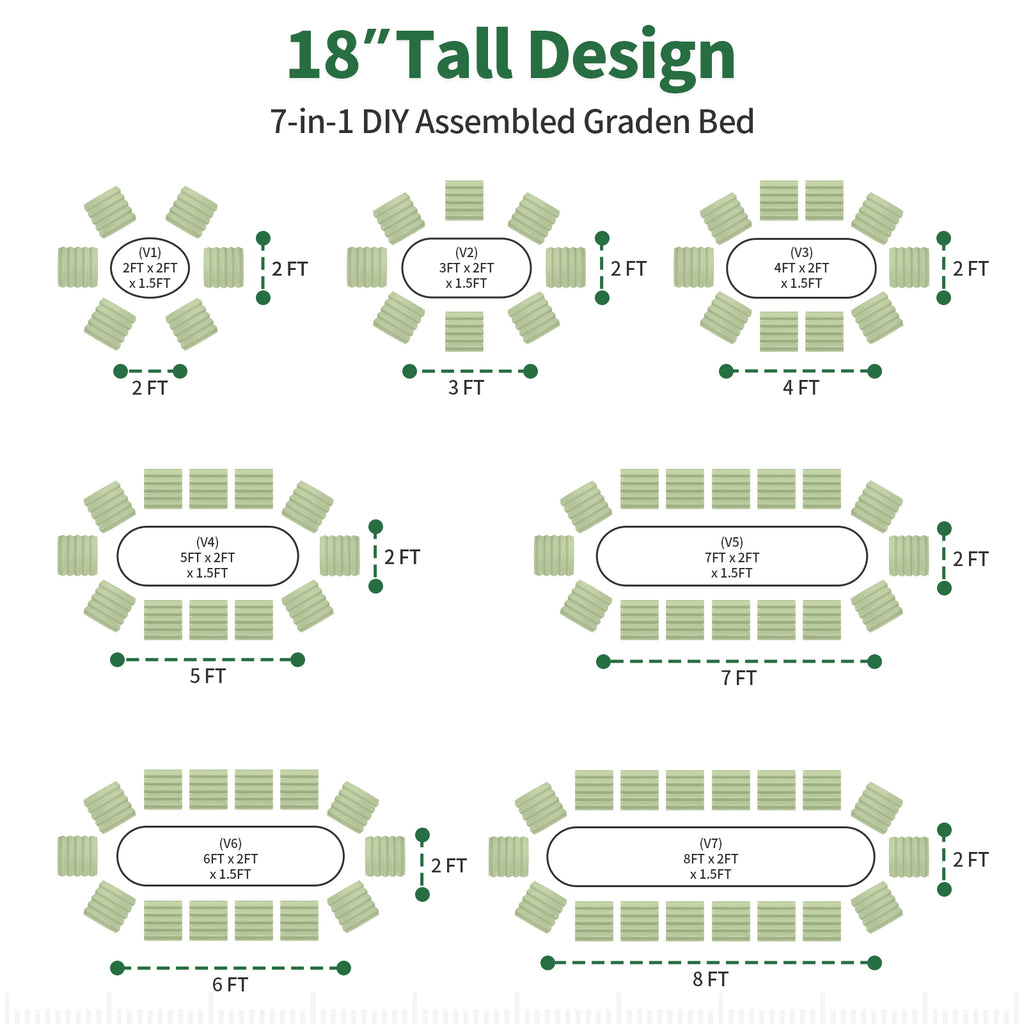 Seven configuration options for a fruit green 18-inch tall metal raised garden bed
