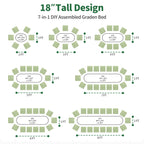 Seven configuration options for a fruit green 18-inch tall metal raised garden bed
