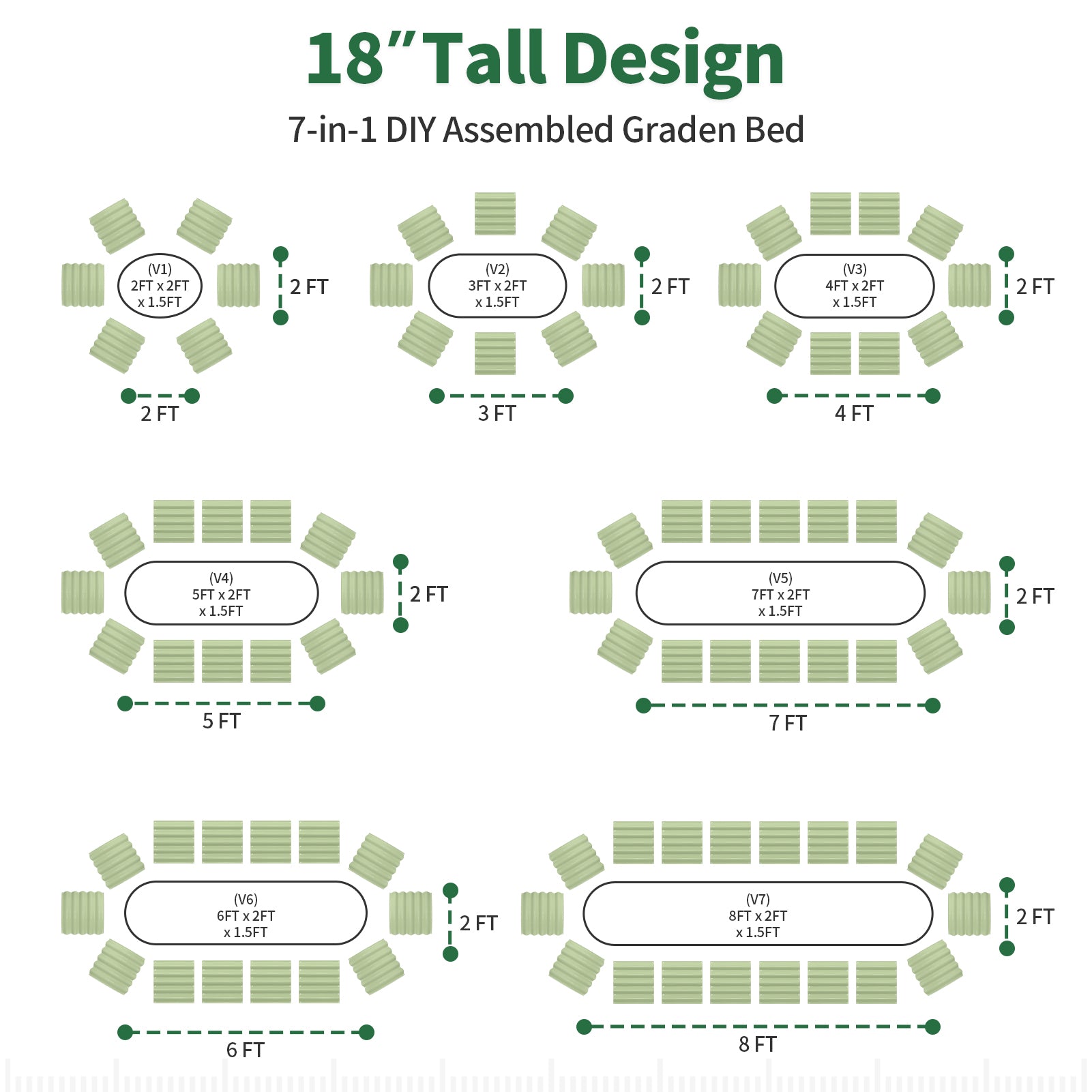 Seven configuration options for a fruit green 18-inch tall metal raised garden bed
