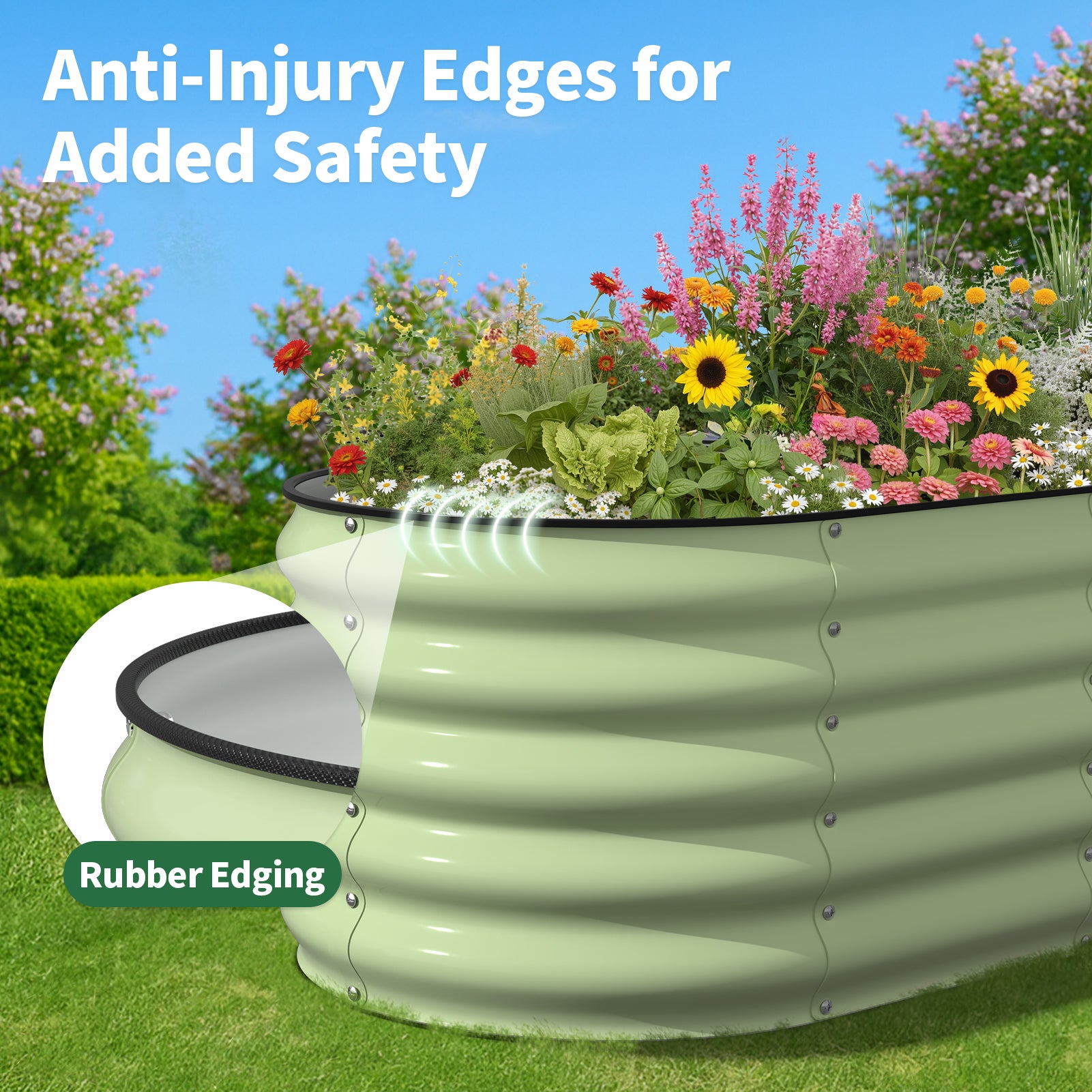 Fruit green metal raised garden bed with rubber edging and rounded safety edges