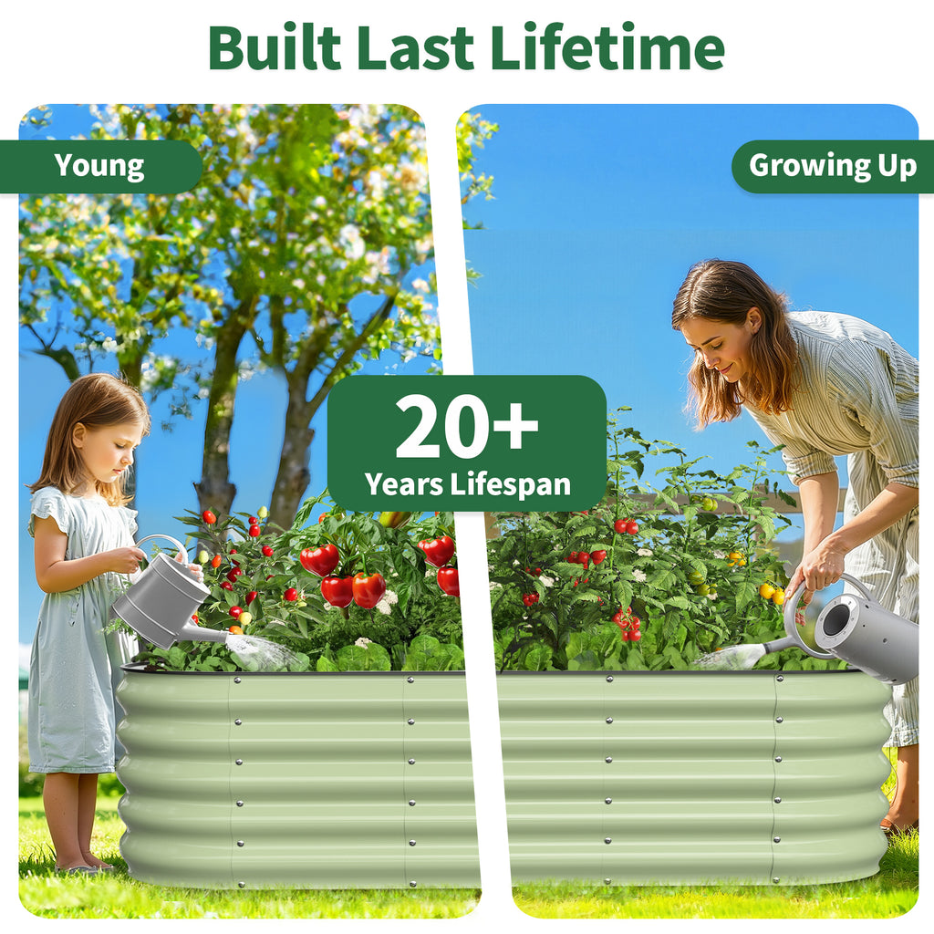 Fruit green metal raised garden bed used by a child and adult gardener in a backyard