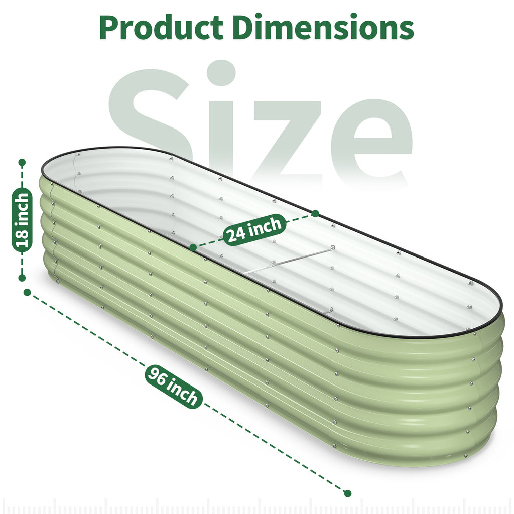 Fruit green oval metal raised garden bed with labeled dimensions 96 by 24 inches
