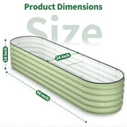 Fruit green oval metal raised garden bed with labeled dimensions 96 by 24 inches
