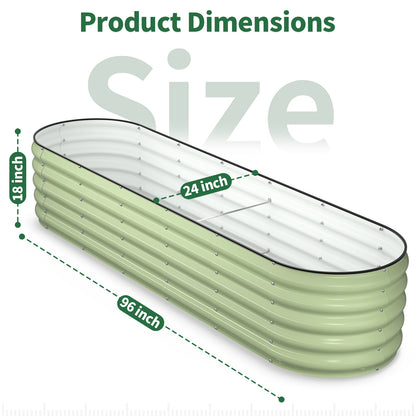 Fruit green oval metal raised garden bed with labeled dimensions 96 by 24 inches
