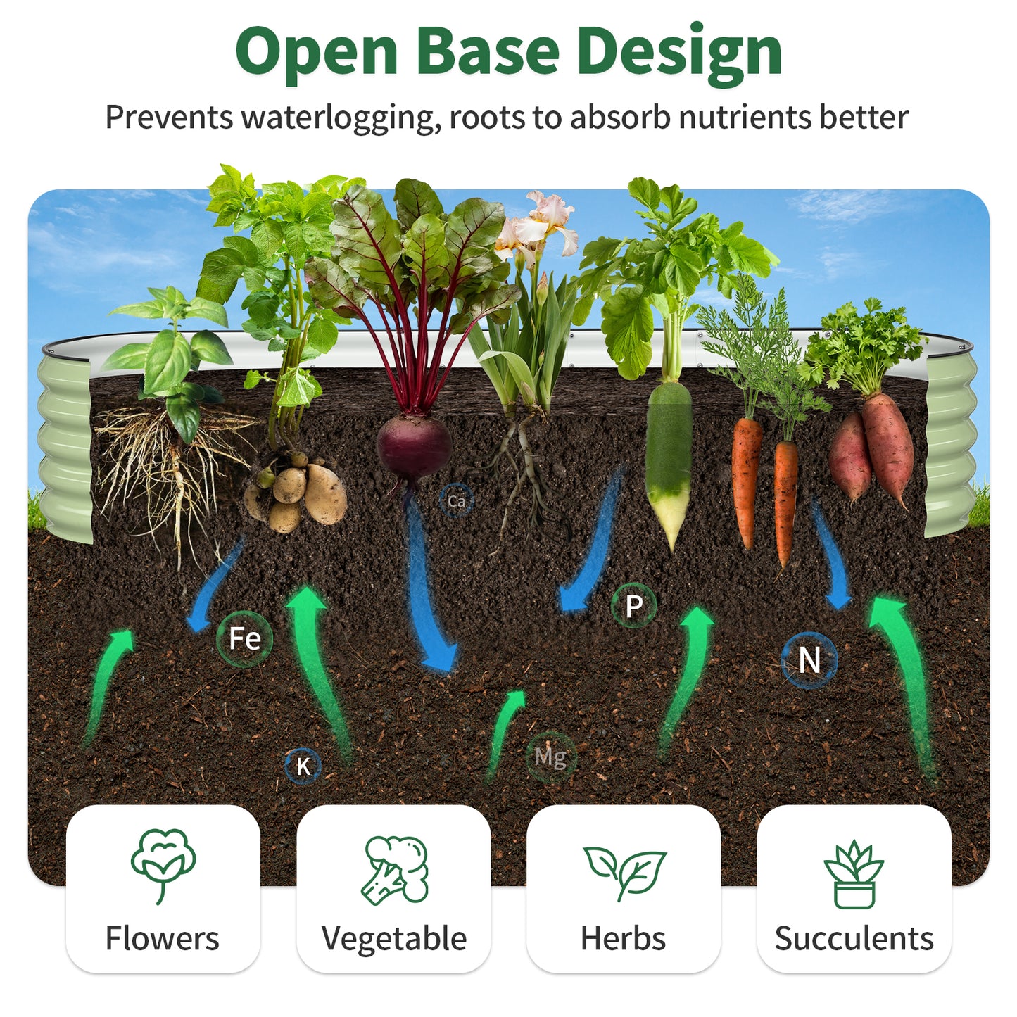 Open-base fruit green raised garden bed showing soil drainage and plant root growth
