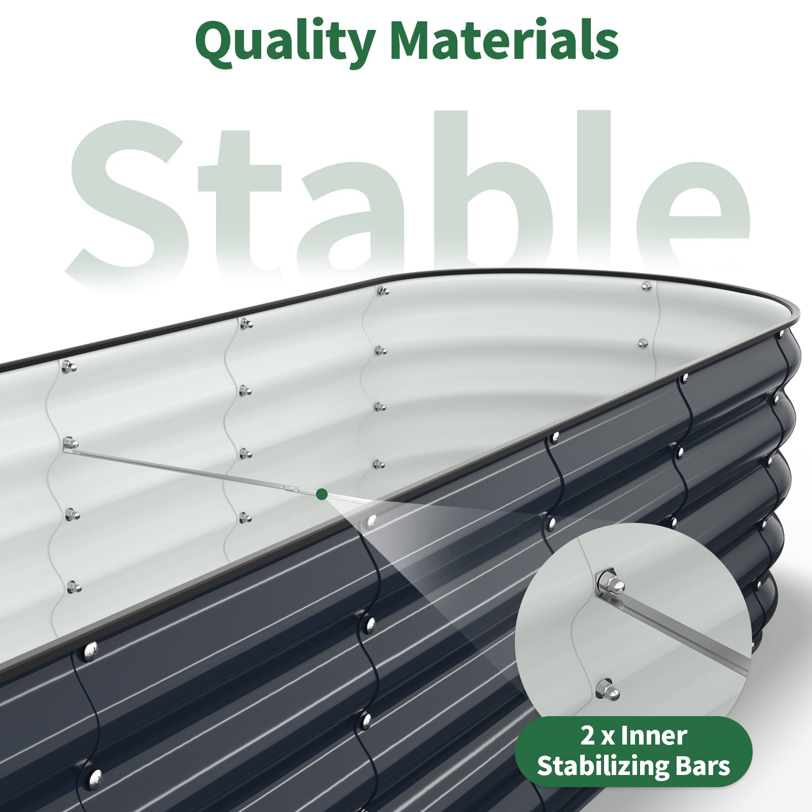 Interior view of metal raised garden bed with stainless steel screws and stabilizing bars