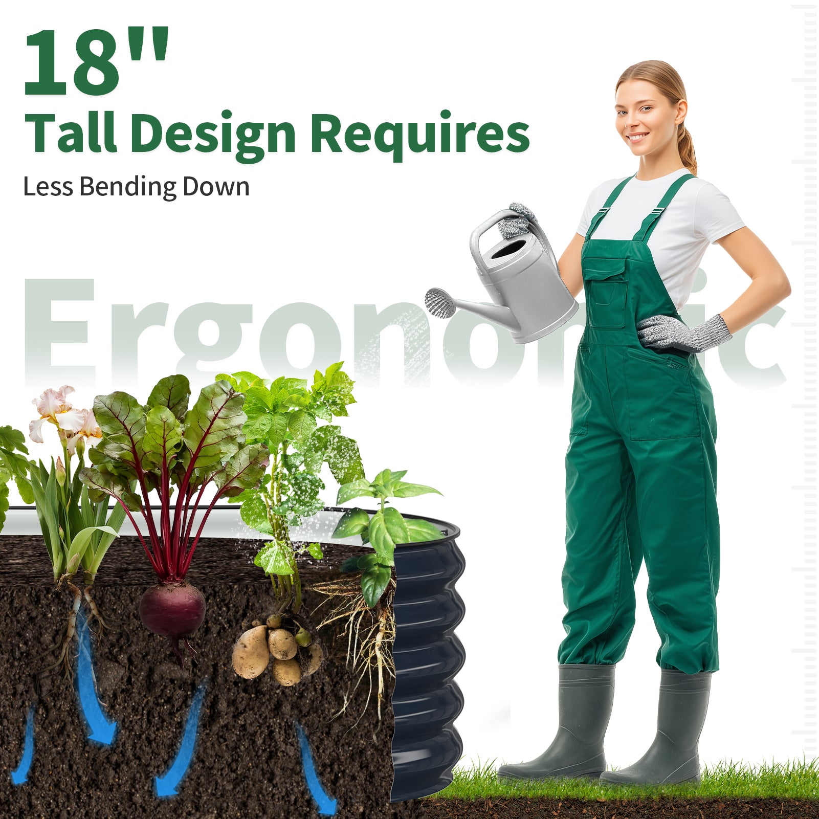 18-inch tall metal raised garden bed designed for less bending during gardening
