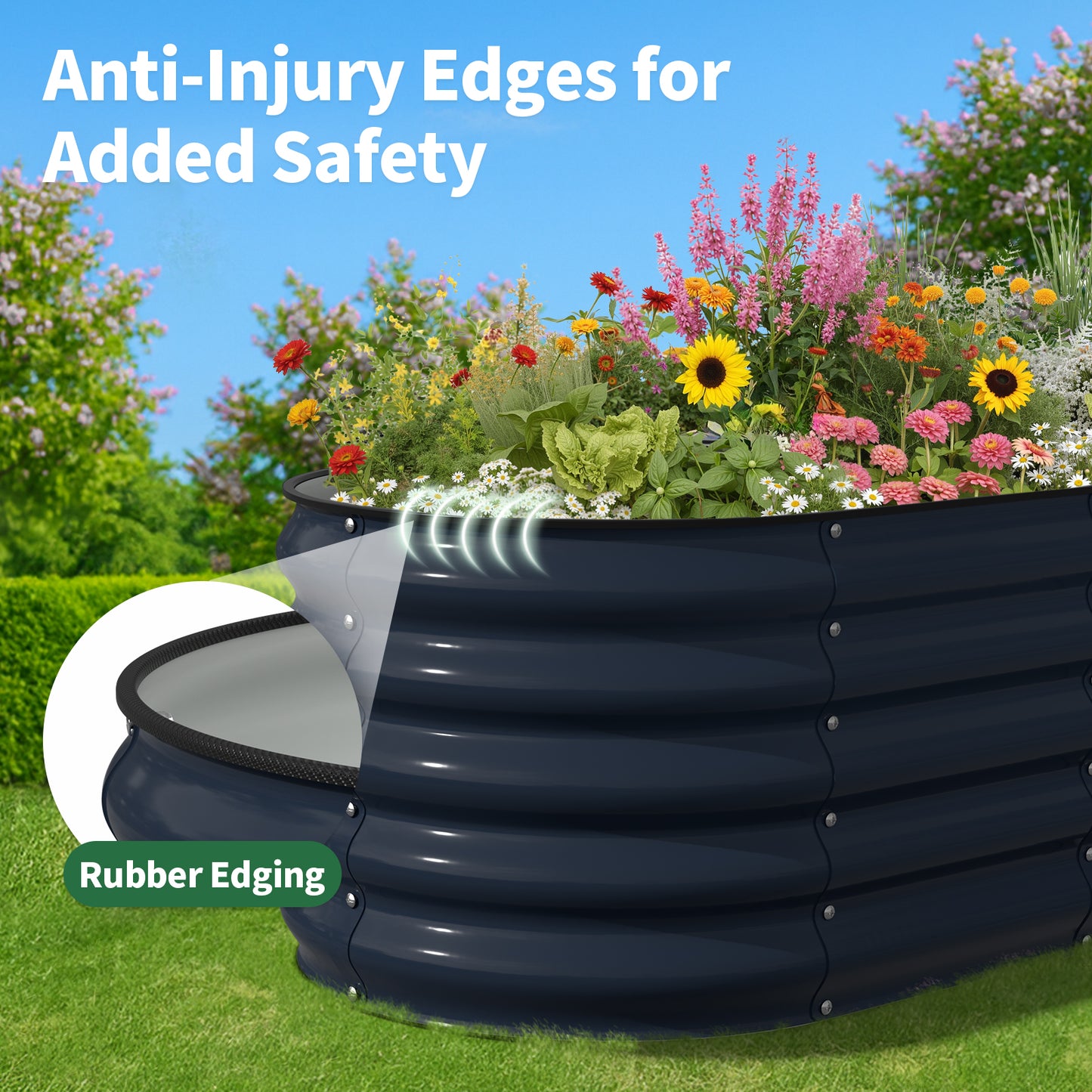 Black rubber edging with anti-injury edges for added safety, shown in a garden setting.