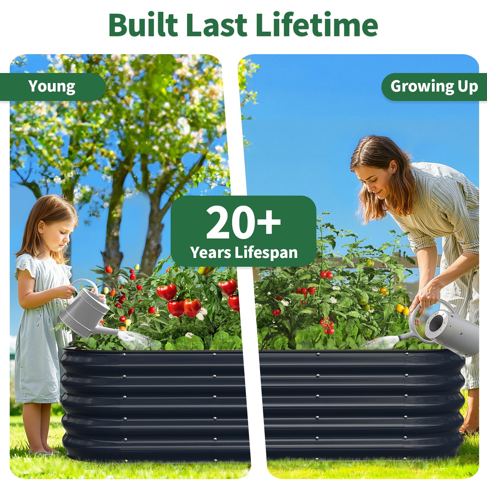 Metal raised garden bed used by a child and adult gardener in a backyard garden