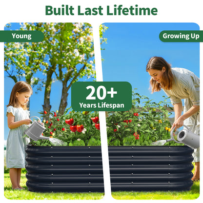 Metal raised garden bed used by a child and adult gardener in a backyard garden