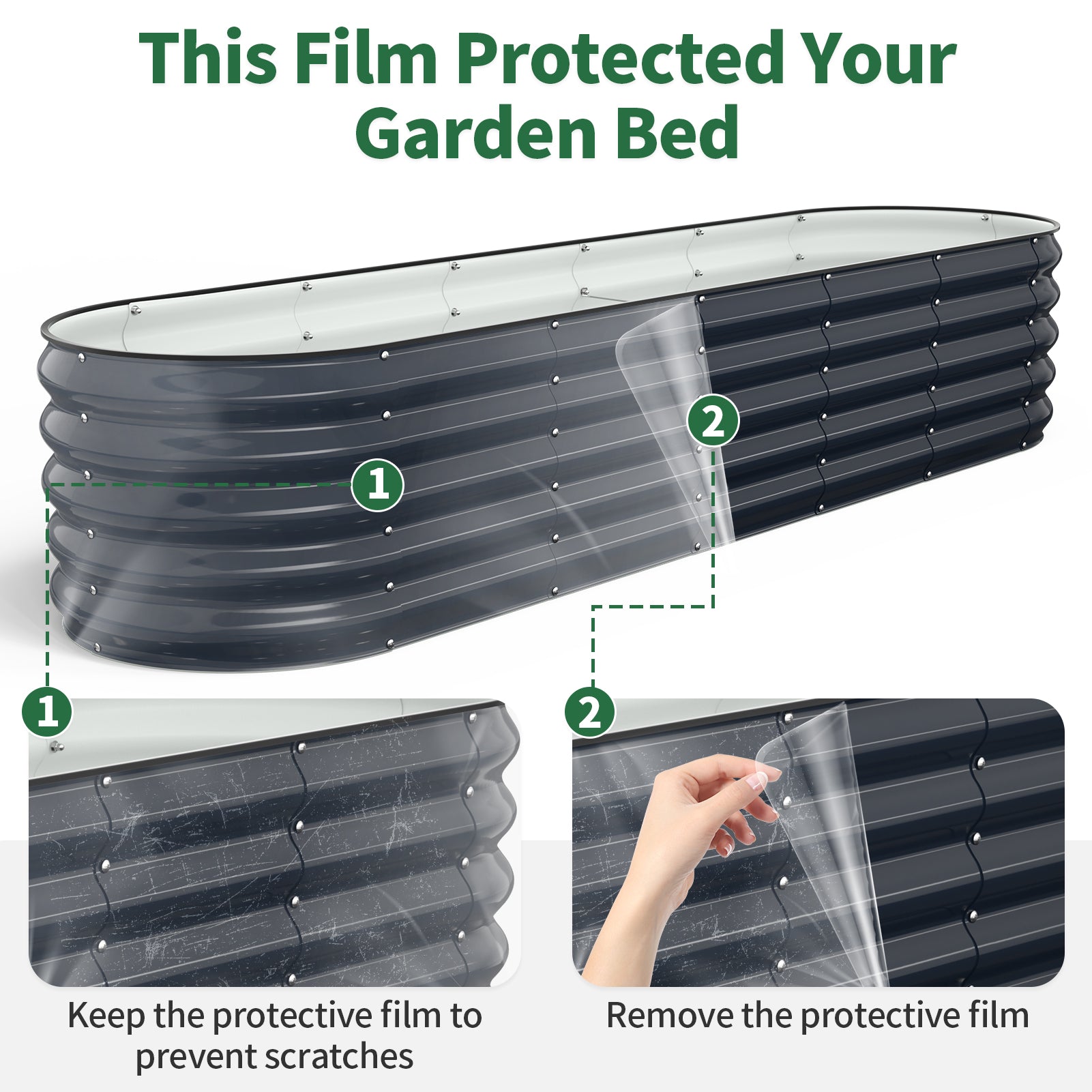 Metal raised garden bed panels with removable protective film to prevent scratches