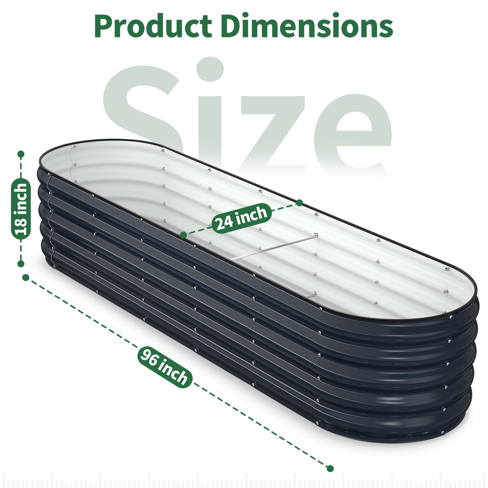 Oval metal raised garden bed with labeled dimensions 96 inches long 24 inches wide