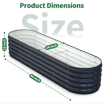 Oval metal raised garden bed with labeled dimensions 96 inches long 24 inches wide