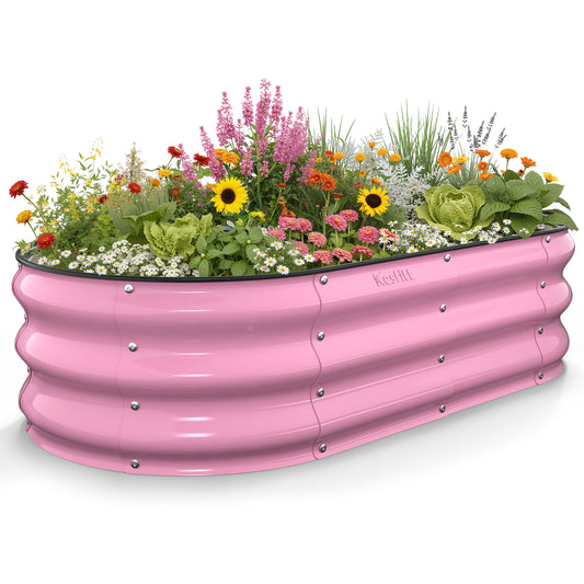 Blushing pink 4x2x1 ft galvanized steel raised garden bed filled with flowers and plants, oval metal planter for outdoor vegetable and herb gardening