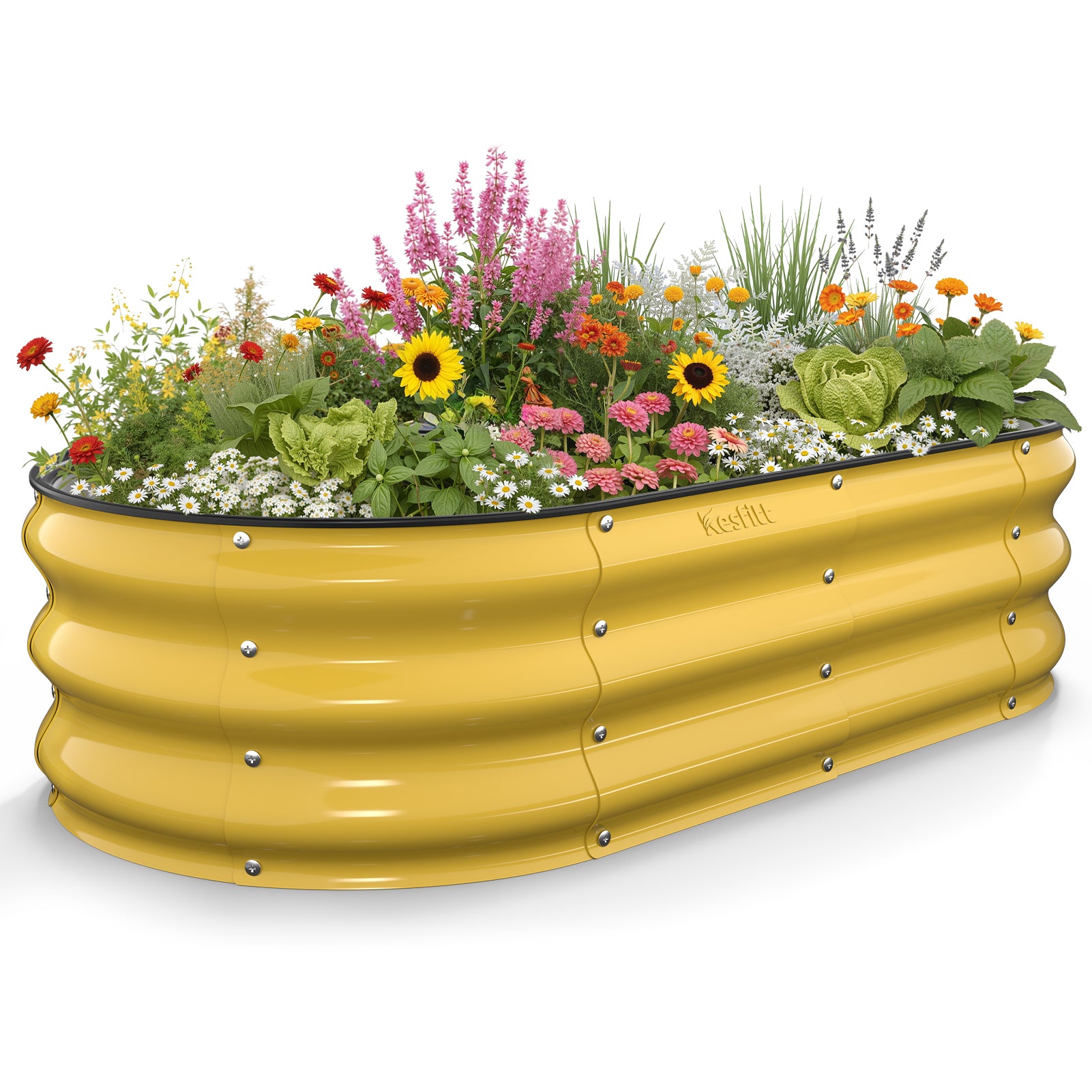 Creamy yellow 4x2x1 ft galvanized steel raised garden bed with mixed plants and flowers, oval metal planter for outdoor vegetable and herb gardening