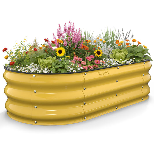 Creamy yellow 4x2x1 ft galvanized steel raised garden bed with mixed plants and flowers, oval metal planter for outdoor vegetable and herb gardening