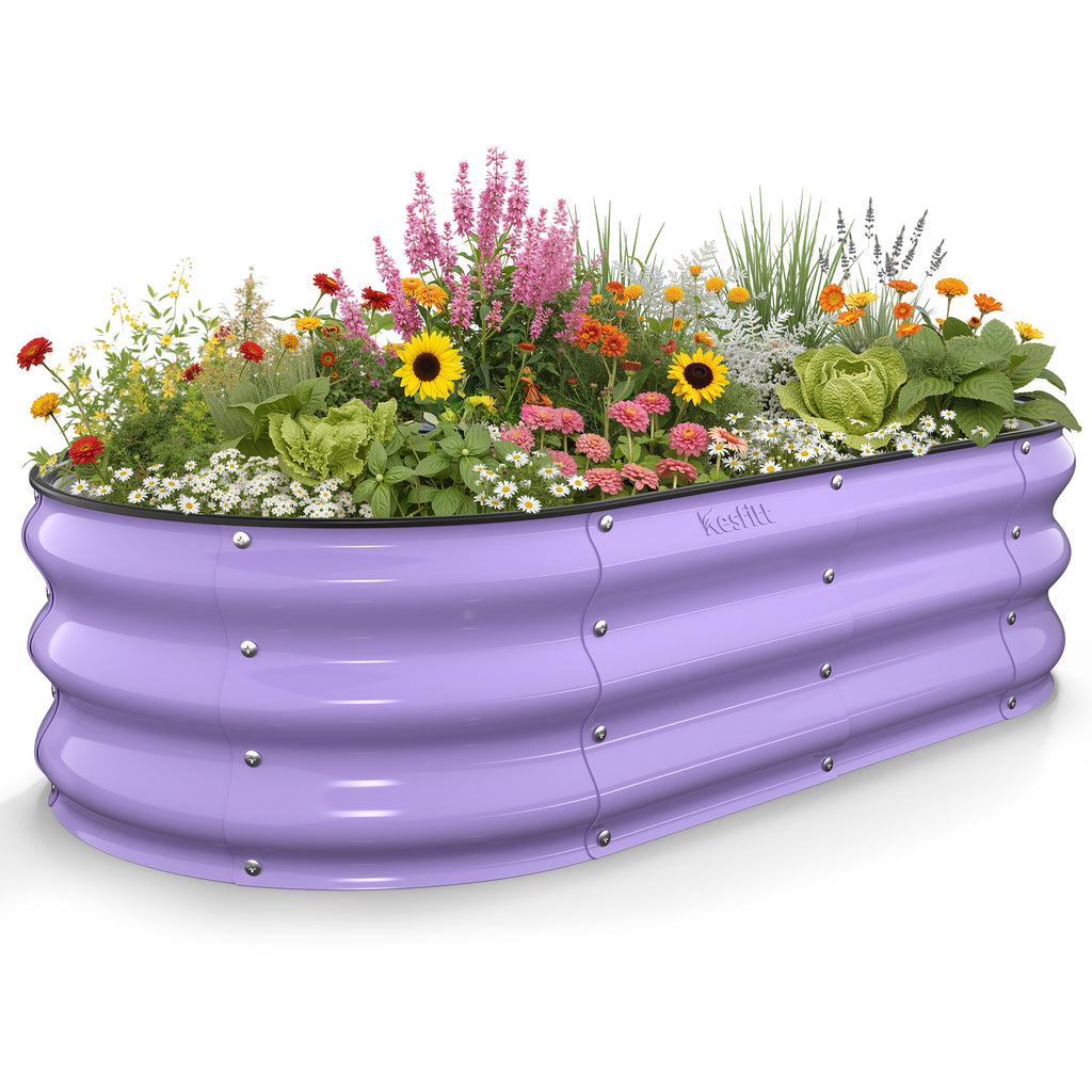 Lavender purple 4x2x1 ft galvanized steel raised garden bed with colorful flowers, oval metal planter for outdoor vegetable and herb gardening
