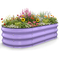 Lavender purple 4x2x1 ft galvanized steel raised garden bed with colorful flowers, oval metal planter for outdoor vegetable and herb gardening
