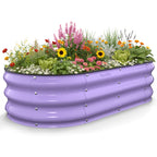 Lavender purple 4x2x1 ft galvanized steel raised garden bed with colorful flowers, oval metal planter for outdoor vegetable and herb gardening
