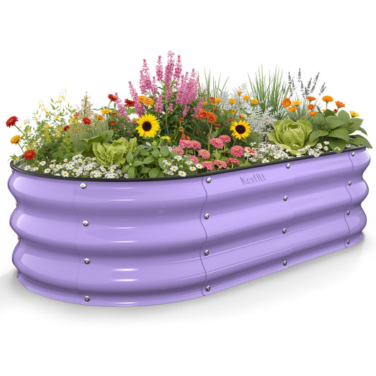 Lavender purple 4x2x1 ft galvanized steel raised garden bed with colorful flowers, oval metal planter for outdoor vegetable and herb gardening

