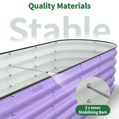 A cutaway diagram shows the galvanized steel layers and stainless steel screws of the garden bed.