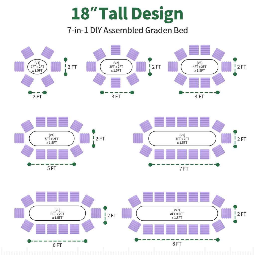 A technical diagram illustrates seven different DIY assembly configurations for the lavender purple raised garden bed.