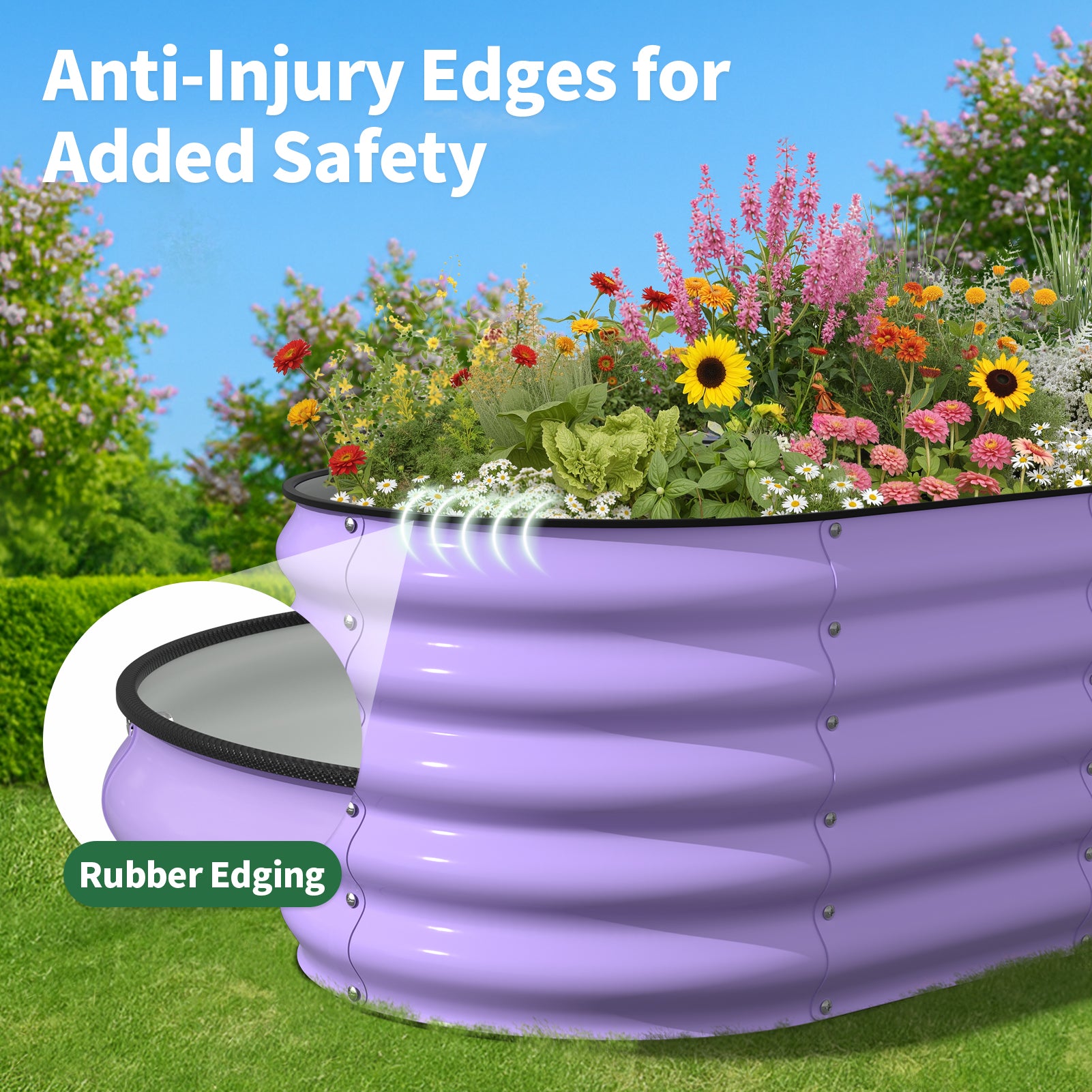 A black rubber safety strip covers the top edge of the purple corrugated steel garden bed.