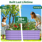 A girl and an adult woman water plants in a purple garden bed to show durability over time.