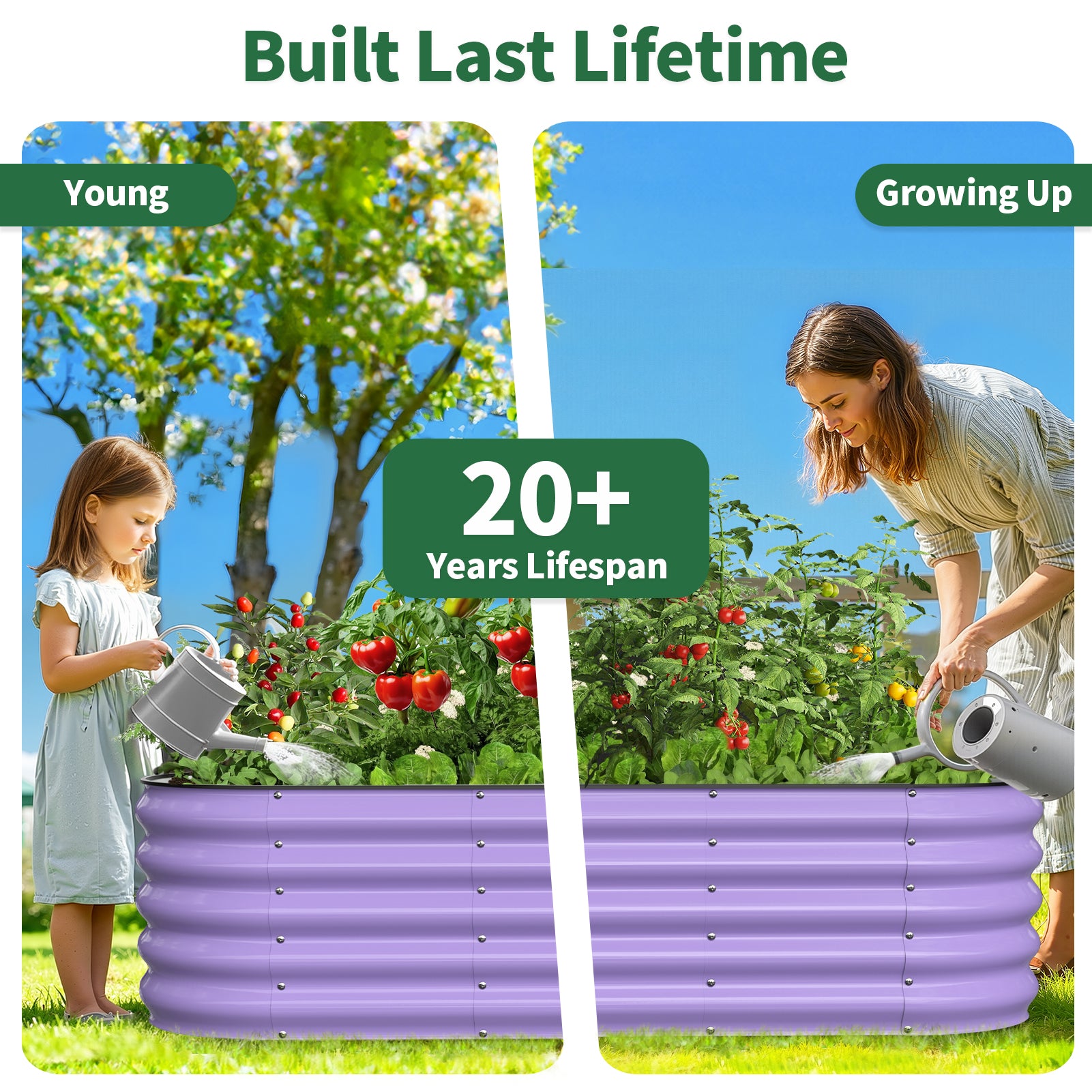 A girl and an adult woman water plants in a purple garden bed to show durability over time.