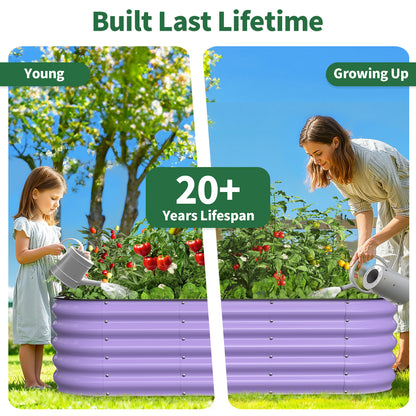 A girl and an adult woman water plants in a purple garden bed to show durability over time.