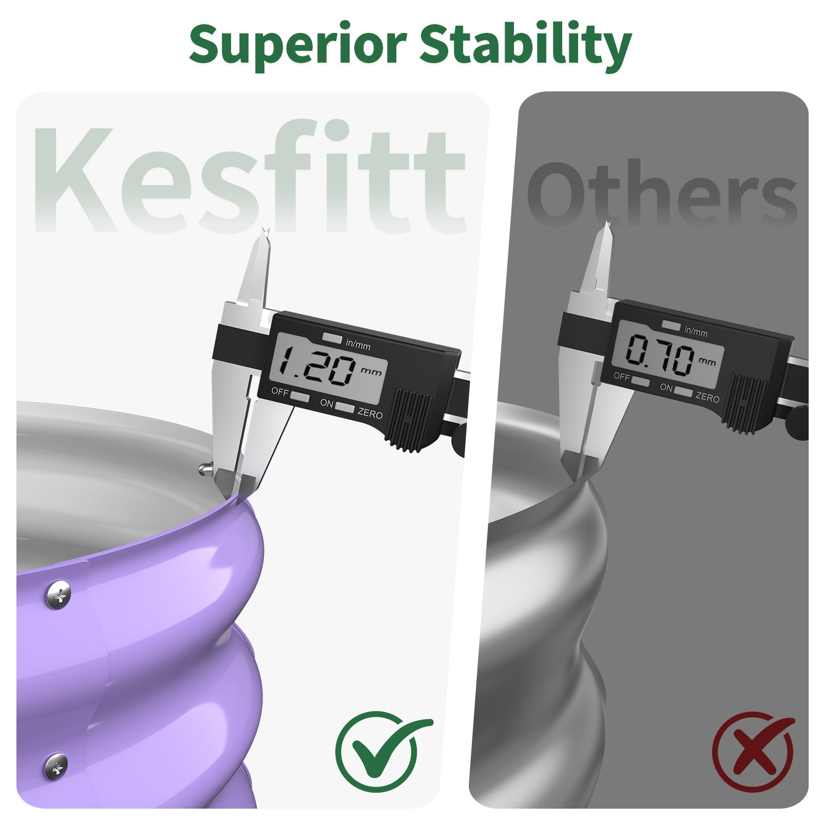 A digital caliper measures the 1.20mm thick steel wall of a purple raised garden bed for stability.