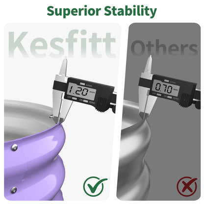 A digital caliper measures the 1.20mm thick steel wall of a purple raised garden bed for stability.