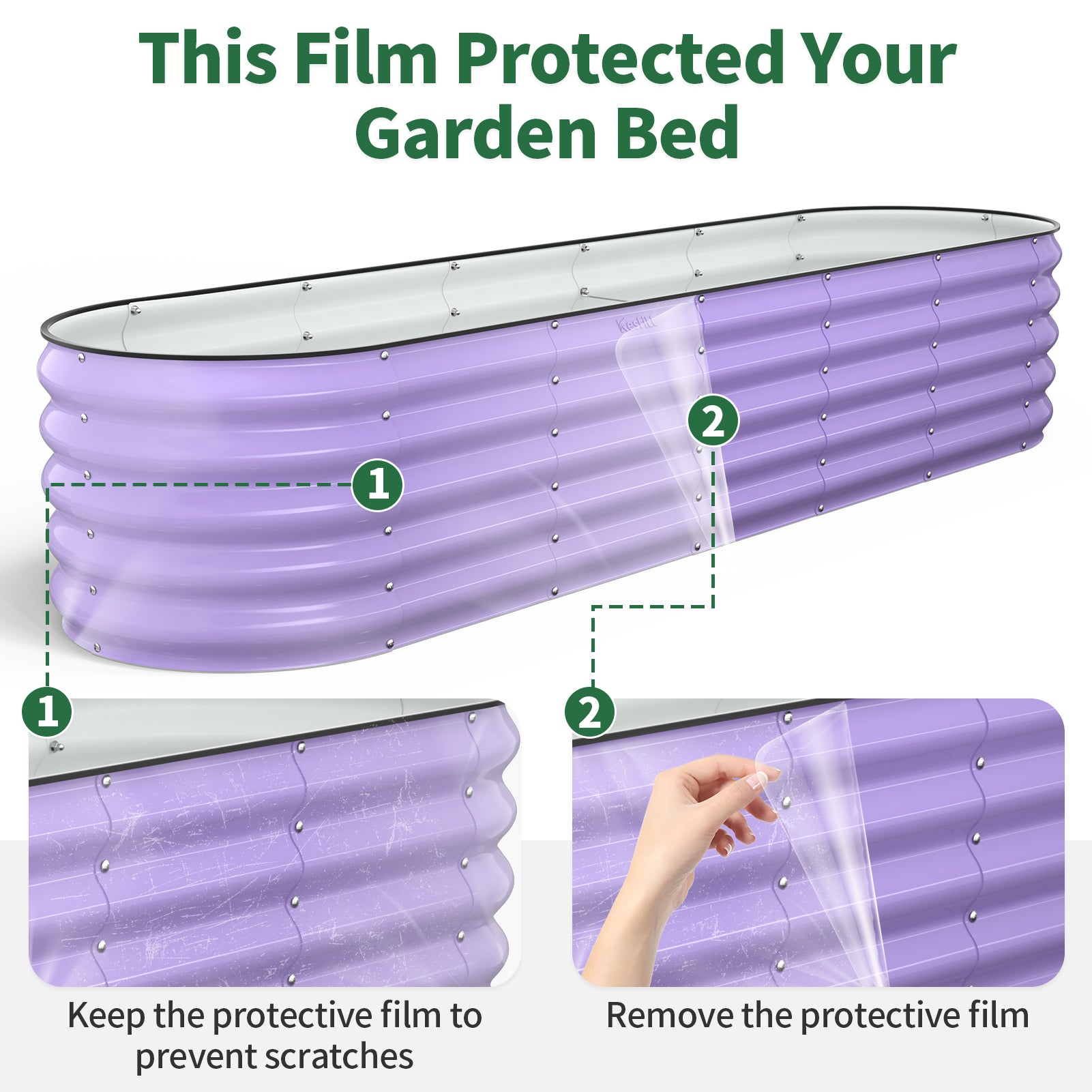 A hand peels a clear protective film off the purple metal panel to reveal a glossy surface.