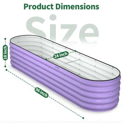 The purple raised garden bed measures 96 inches long, 24 inches wide, and 18 inches high.
