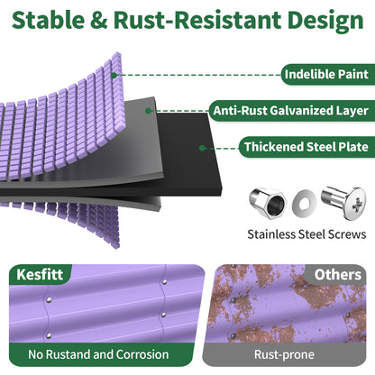 A cutaway diagram shows the galvanized steel layers and stainless steel screws of the garden bed.