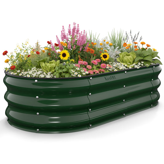 Forest green 4x2x1 ft galvanized steel raised garden bed planted with flowers and greenery, oval metal planter for outdoor garden use
