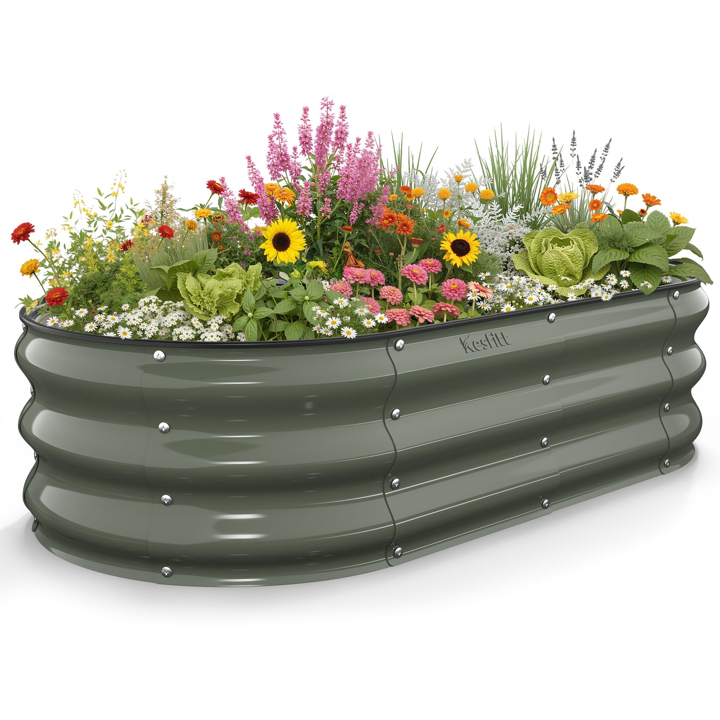 Volcanic gray 4x2x1 ft galvanized steel raised garden bed filled with flowers and greenery, oval metal planter for outdoor gardening