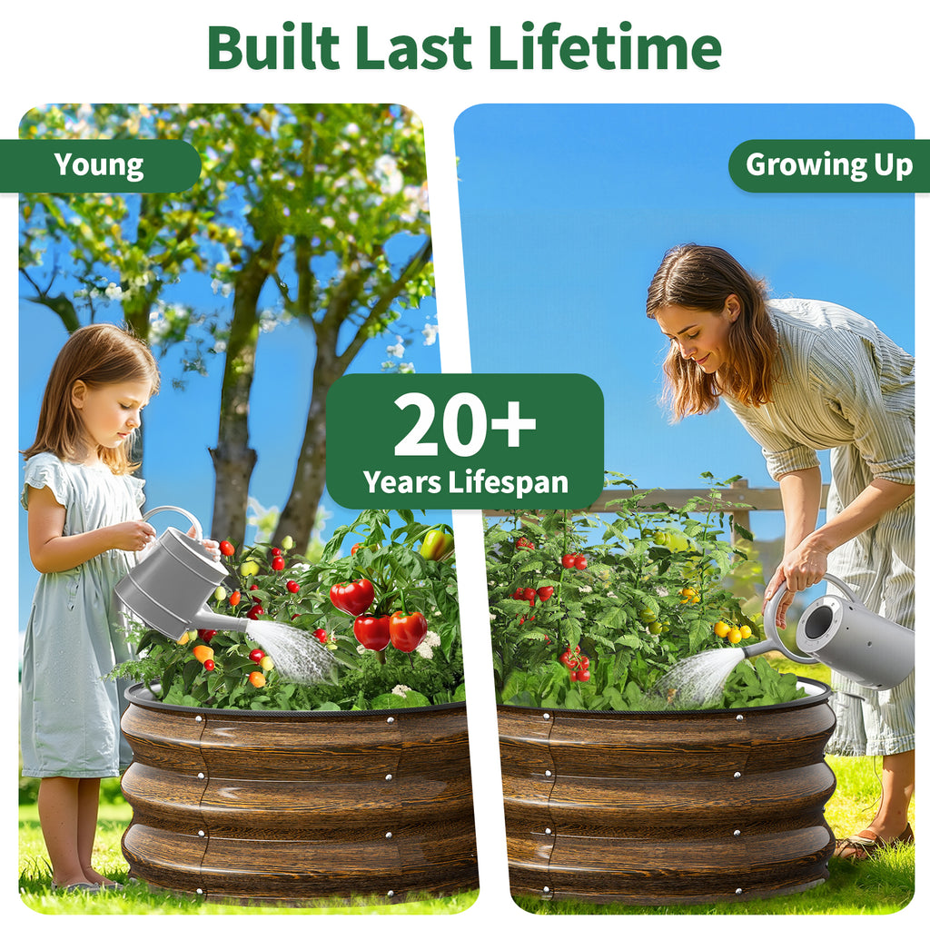 Two images showing a child and a woman watering a garden bed with text indicating a 20+ year lifespan.