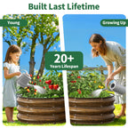 Two images showing a child and a woman watering a garden bed with text indicating a 20+ year lifespan.