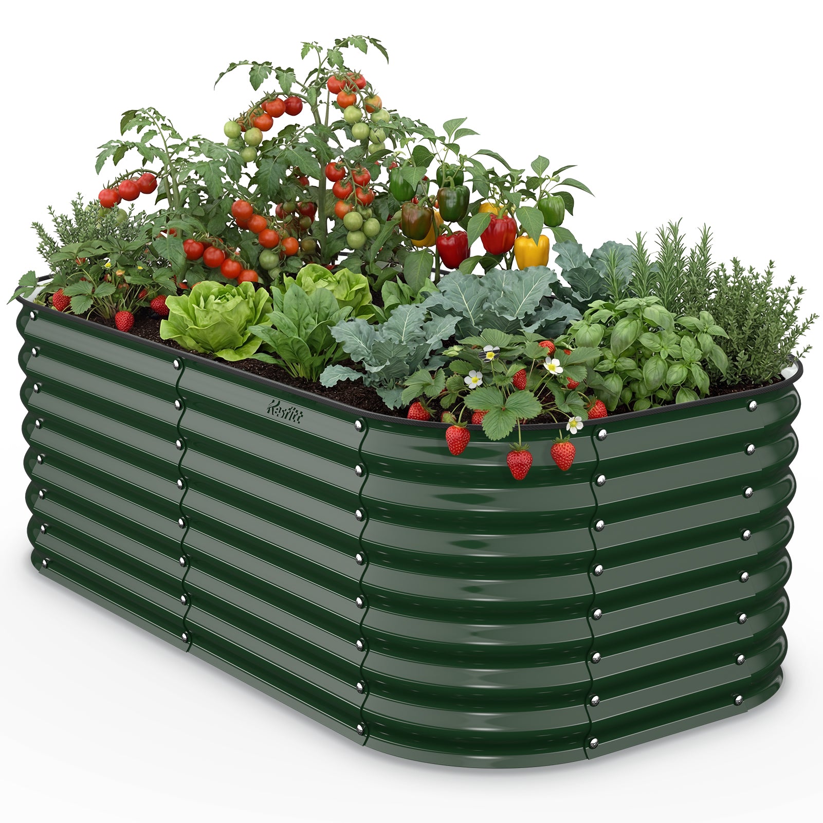 kesfitt 6x3x2 ft deep metal raised garden bed forest green filled with vegetables and plants