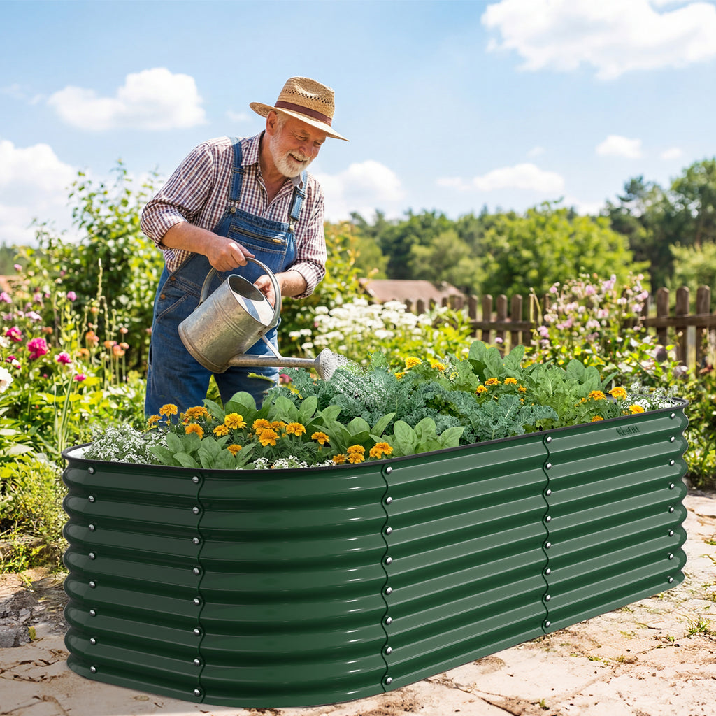 A man grows flowers and vegetables in his backyard using Kesfitt raised flower beds.