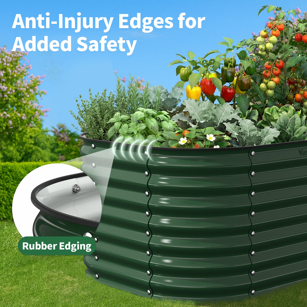rounded safety edging on metal raised garden bed protecting hands during planting