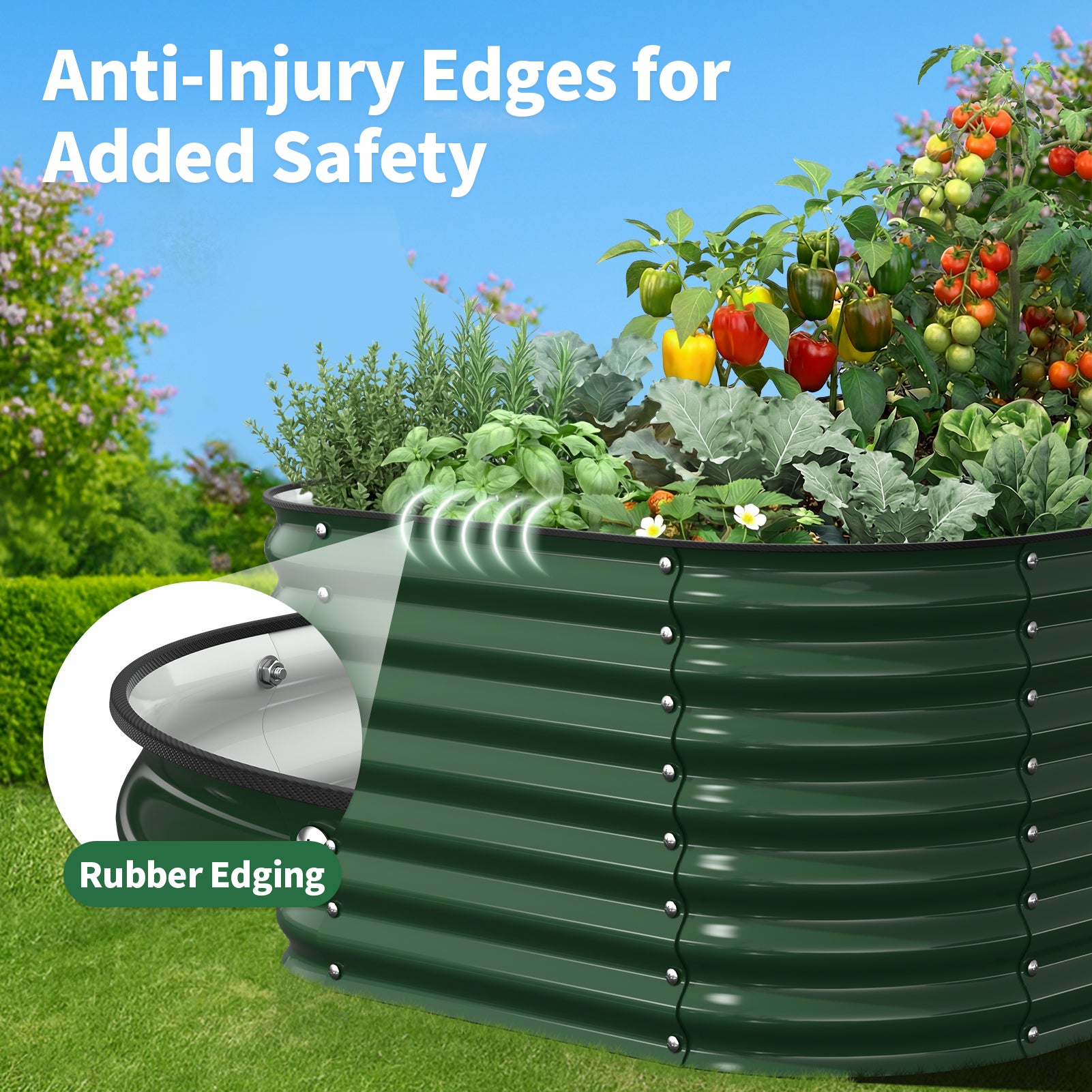 rubber safety edging on metal raised garden bed preventing injury while gardening