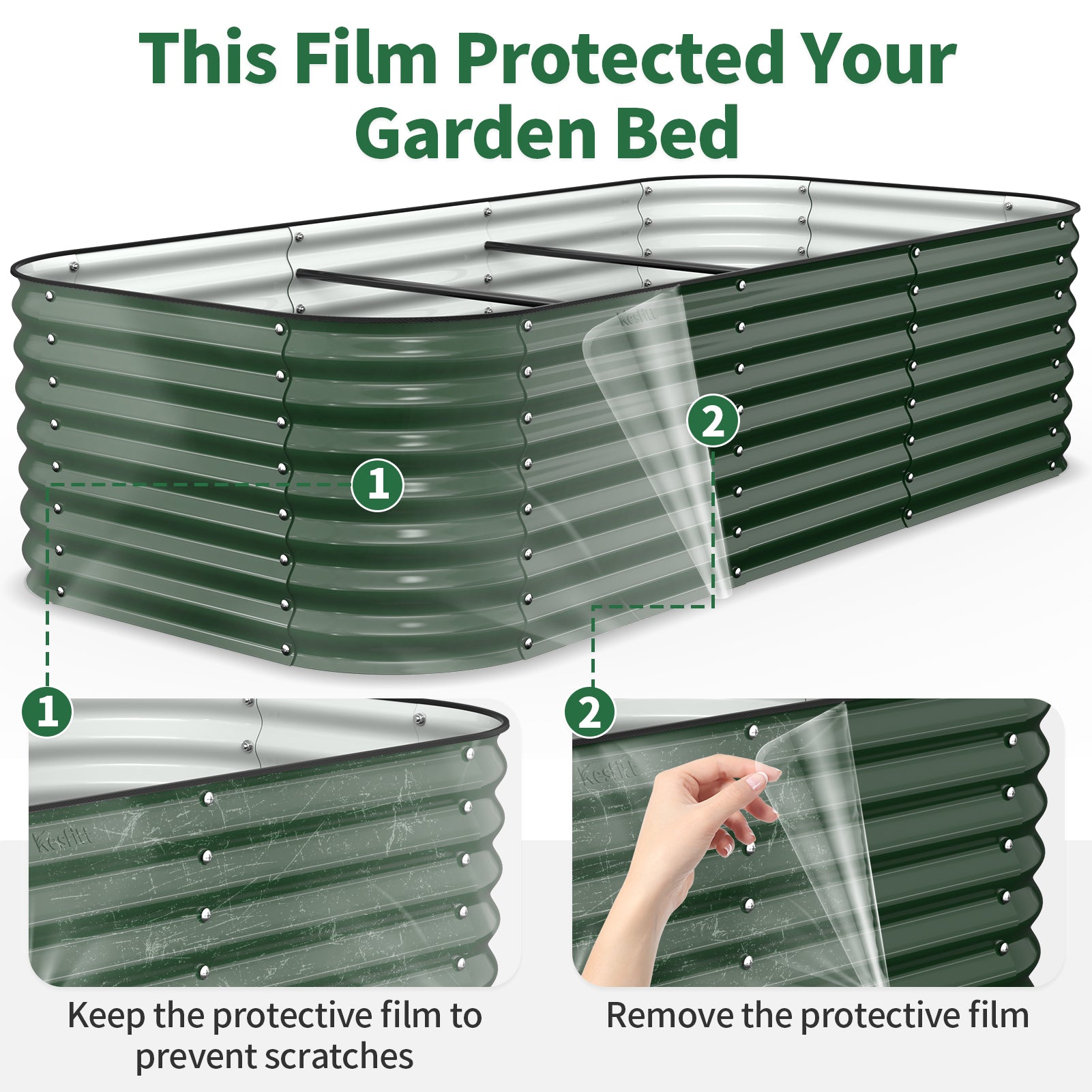 protective film on garden bed panels preventing scratches during installation