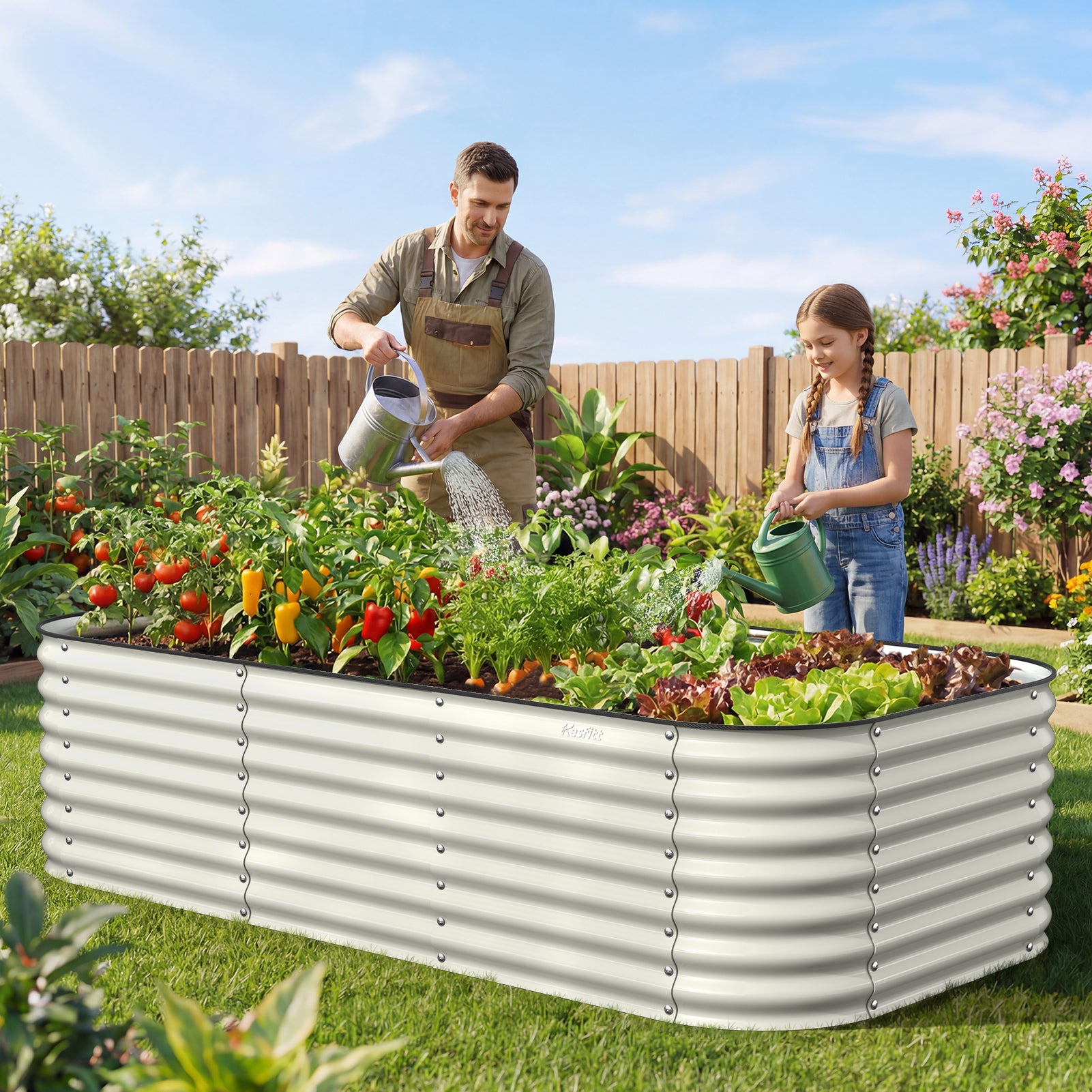 parents and kids gardening together using large raised bed in backyard
